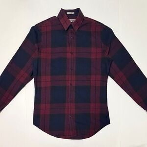 Express Burgundy and Navy Plaid Button Down Shirt